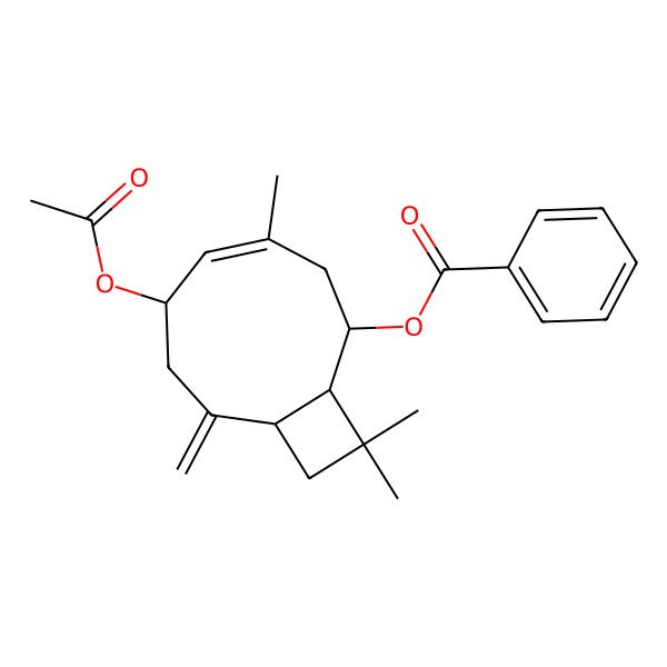 2D Structure of [(1R,2R,4E,6S,9R)-6-acetyloxy-4,11,11-trimethyl-8-methylidene-2-bicyclo[7.2.0]undec-4-enyl] benzoate
