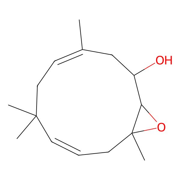 2D Structure of (1R,2R,4E,8E,11S)-4,7,7,11-tetramethyl-12-oxabicyclo[9.1.0]dodeca-4,8-dien-2-ol