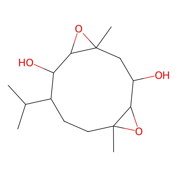 2D Structure of (1R,2R,4S,6R,7R,8S,11S)-4,11-dimethyl-8-propan-2-yl-5,12-dioxatricyclo[9.1.0.04,6]dodecane-2,7-diol