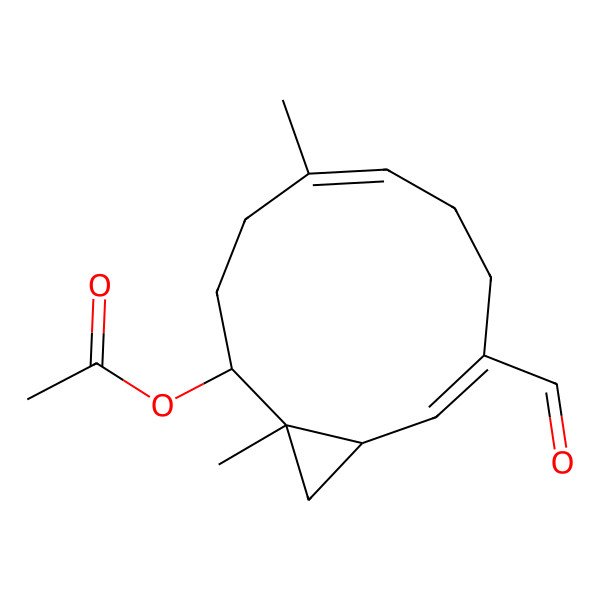 2D Structure of [(1R,2R,5E,9Z,11S)-9-formyl-1,5-dimethyl-2-bicyclo[9.1.0]dodeca-5,9-dienyl] acetate