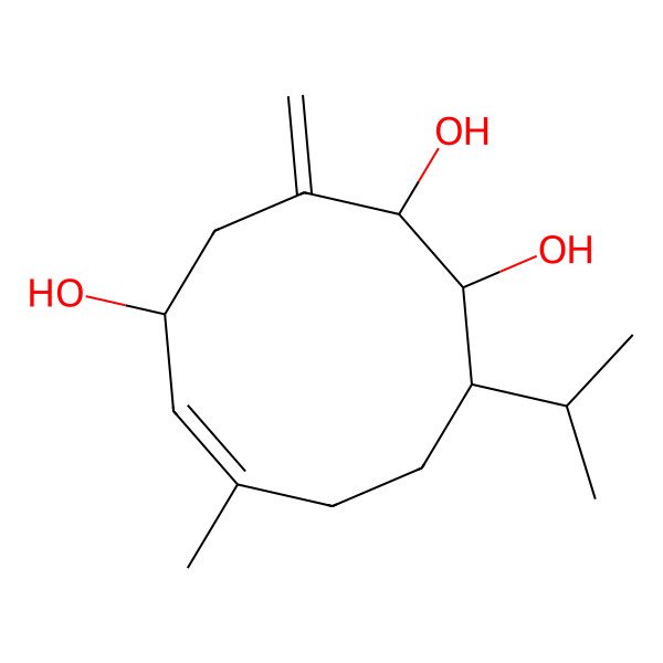 2D Structure of (1R,2R,5R,6E,10S)-7-methyl-3-methylidene-10-propan-2-ylcyclodec-6-ene-1,2,5-triol