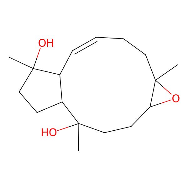 2D Structure of (1R,2R,5R,7R,10Z,12R,13R)-2,7,13-trimethyl-6-oxatricyclo[10.3.0.05,7]pentadec-10-ene-2,13-diol