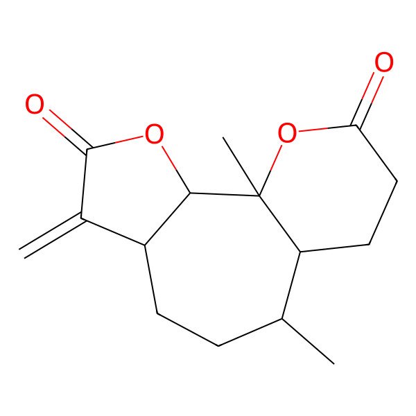 2D Structure of (1R,2R,6R,9S,10S)-1,9-dimethyl-5-methylidene-3,14-dioxatricyclo[8.4.0.02,6]tetradecane-4,13-dione
