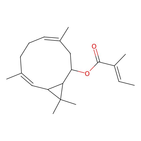 2D Structure of [(1R,2S,4E,8E,10R)-4,8,11,11-tetramethyl-2-bicyclo[8.1.0]undeca-4,8-dienyl] (Z)-2-methylbut-2-enoate