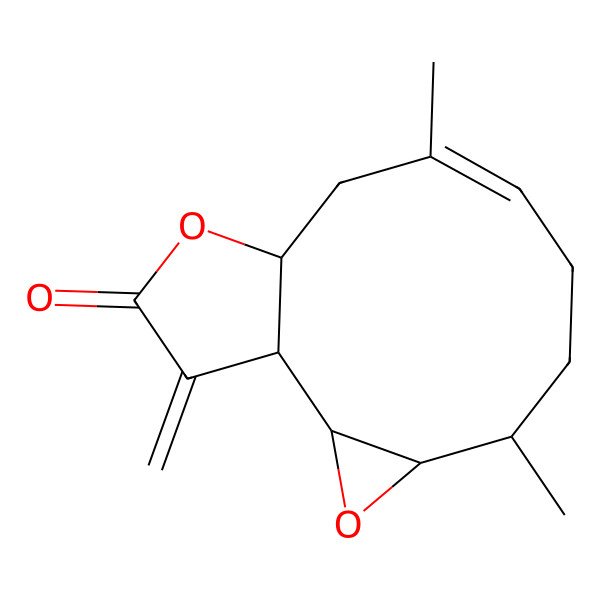 2D Structure of (1R,2S,4R,5R,8E,11S)-5,9-dimethyl-14-methylidene-3,12-dioxatricyclo[9.3.0.02,4]tetradec-8-en-13-one