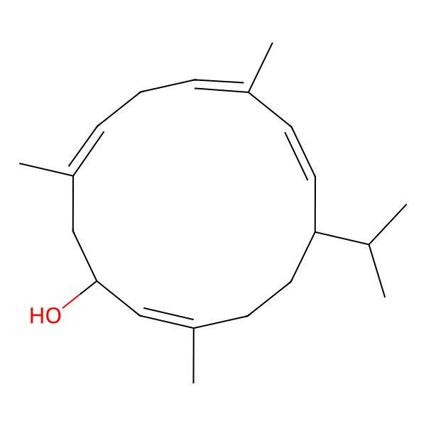 2D Structure of (1R,2Z,6S,7Z,9Z,12Z)-3,9,13-trimethyl-6-propan-2-ylcyclotetradeca-2,7,9,12-tetraen-1-ol