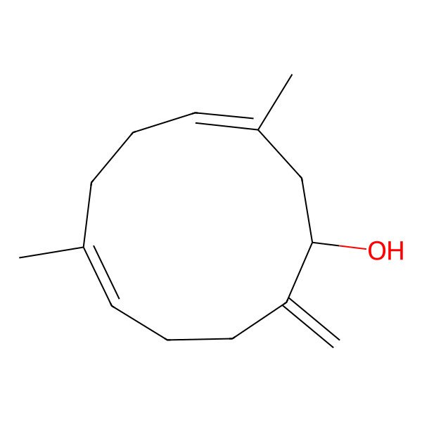 2D Structure of (1R,3E,7E)-3,7-dimethyl-11-methylidenecycloundeca-3,7-dien-1-ol