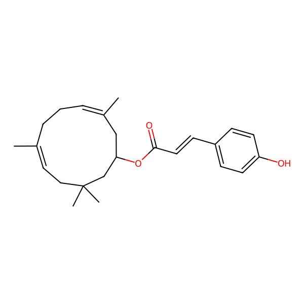 2D Structure of [(1R,3E,7E)-3,7,10,10-tetramethylcycloundeca-3,7-dien-1-yl] (E)-3-(4-hydroxyphenyl)prop-2-enoate
