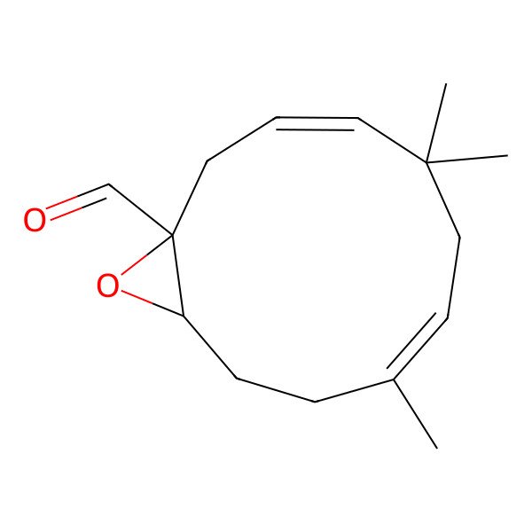 2D Structure of (1R,3E,7E,11R)-5,5,8-trimethyl-12-oxabicyclo[9.1.0]dodeca-3,7-diene-1-carbaldehyde