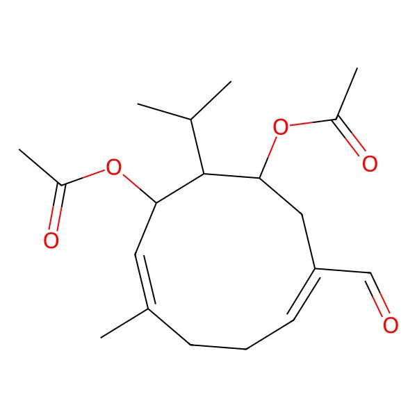 2D Structure of [(1R,3E,7E,9R,10S)-9-acetyloxy-3-formyl-7-methyl-10-propan-2-ylcyclodeca-3,7-dien-1-yl] acetate