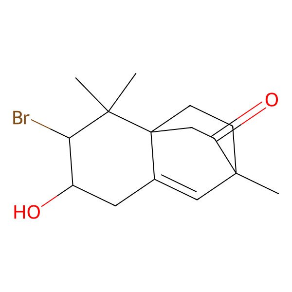 2D Structure of (1R,3R,4S,8S)-3-bromo-4-hydroxy-2,2,8-trimethyltricyclo[6.2.2.01,6]dodec-6-en-9-one