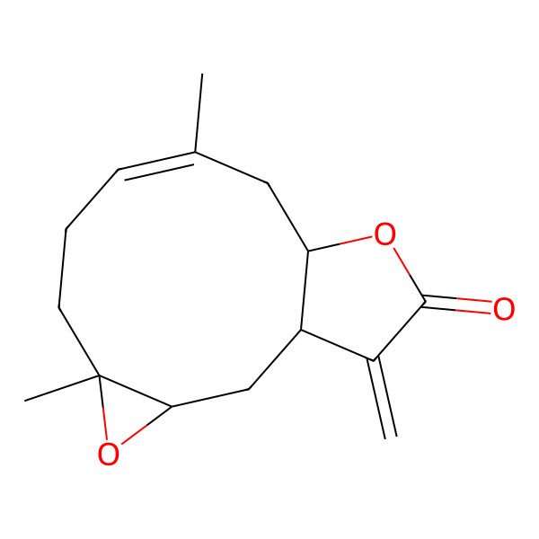 2D Structure of (1R,3R,5S,8E,11S)-5,9-dimethyl-14-methylidene-4,12-dioxatricyclo[9.3.0.03,5]tetradec-8-en-13-one