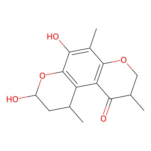 2D Structure of (1R,3R,9R)-3,5-dihydroxy-1,6,9-trimethyl-2,3,8,9-tetrahydro-1H-pyrano[3,2-f]chromen-10-one