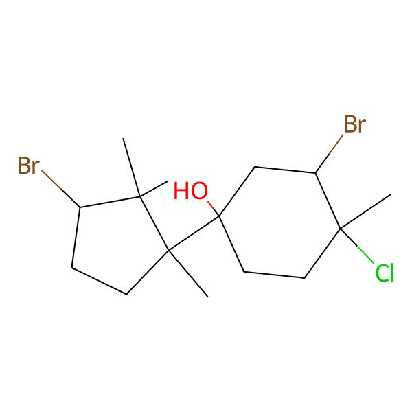2D Structure of (1R,3S,4S)-3-bromo-1-[(1R,3S)-3-bromo-1,2,2-trimethylcyclopentyl]-4-chloro-4-methylcyclohexan-1-ol