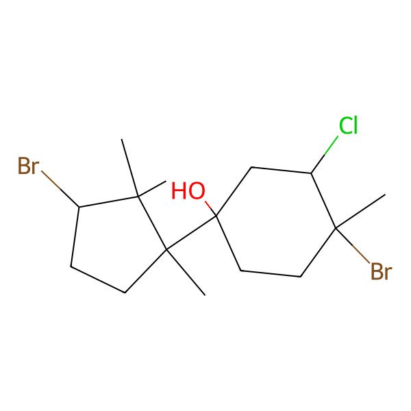 2D Structure of (1R,3S,4S)-4-bromo-1-[(1R,3S)-3-bromo-1,2,2-trimethylcyclopentyl]-3-chloro-4-methylcyclohexan-1-ol