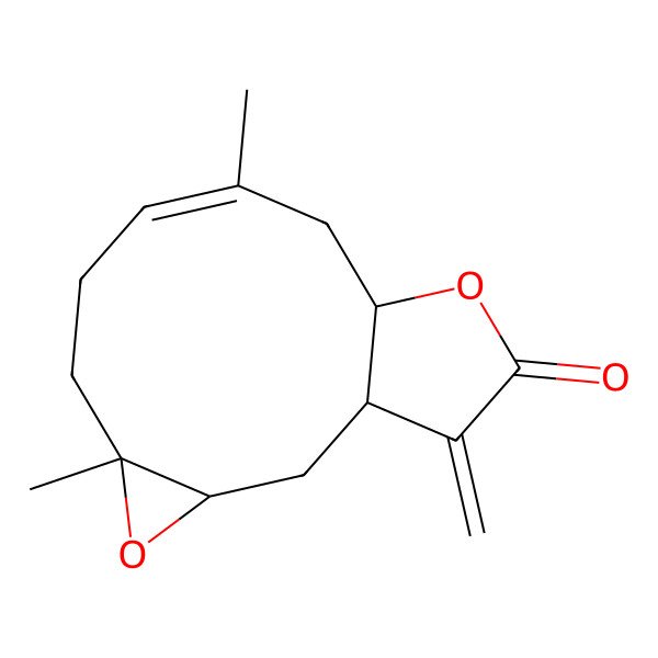 2D Structure of (1R,3S,5R,8E,11S)-5,9-dimethyl-14-methylidene-4,12-dioxatricyclo[9.3.0.03,5]tetradec-8-en-13-one