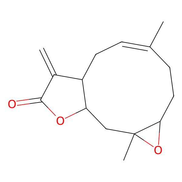 2D Structure of (1R,3S,5S,8E,11R)-3,8-dimethyl-12-methylidene-4,14-dioxatricyclo[9.3.0.03,5]tetradec-8-en-13-one
