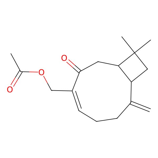 2D Structure of [(1R,4E,9R)-11,11-dimethyl-8-methylidene-3-oxo-4-bicyclo[7.2.0]undec-4-enyl]methyl acetate