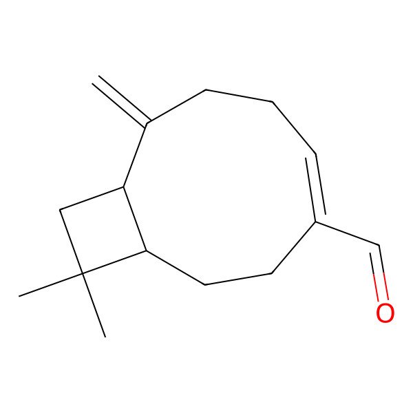 2D Structure of (1R,4E,9S)-11,11-dimethyl-8-methylidenebicyclo[7.2.0]undec-4-ene-4-carbaldehyde