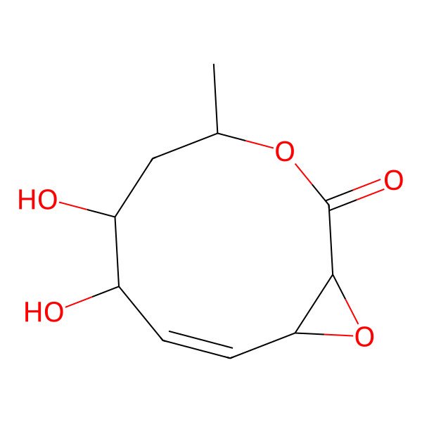 2D Structure of (1R,4R,6R,7R,8E,10R)-6,7-dihydroxy-4-methyl-3,11-dioxabicyclo[8.1.0]undec-8-en-2-one