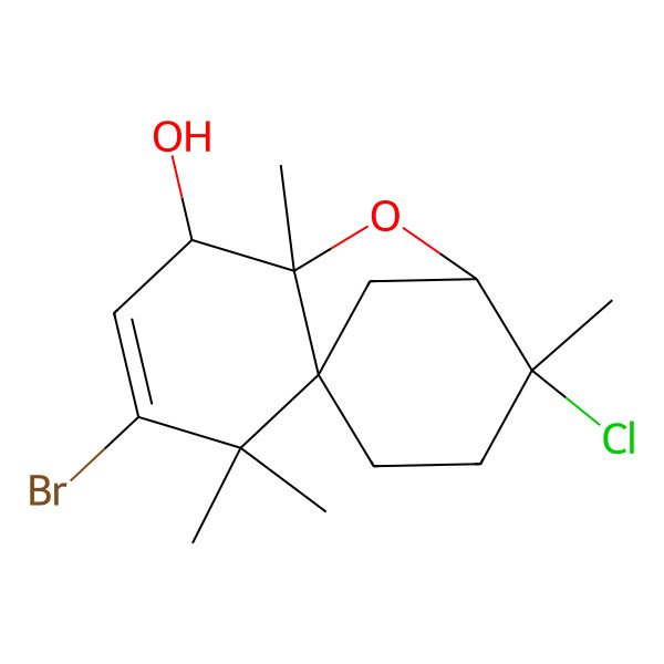 2D Structure of (1R,5R,6R,8R,9S)-3-bromo-9-chloro-2,2,6,9-tetramethyl-7-oxatricyclo[6.3.1.01,6]dodec-3-en-5-ol