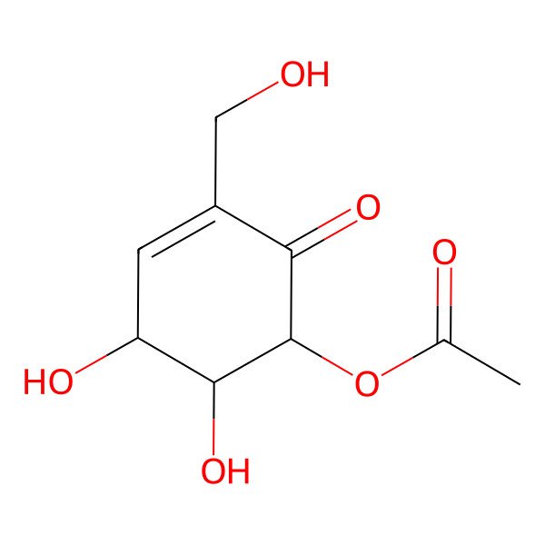 2D Structure of [(1R,5S,6S)-5,6-dihydroxy-3-(hydroxymethyl)-2-oxocyclohex-3-en-1-yl] acetate