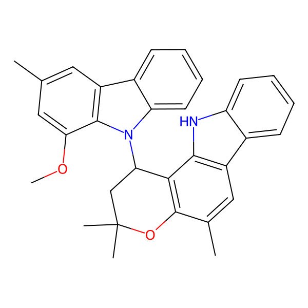 2D Structure of (1S)-1-(1-methoxy-3-methylcarbazol-9-yl)-3,3,5-trimethyl-2,11-dihydro-1H-pyrano[3,2-a]carbazole