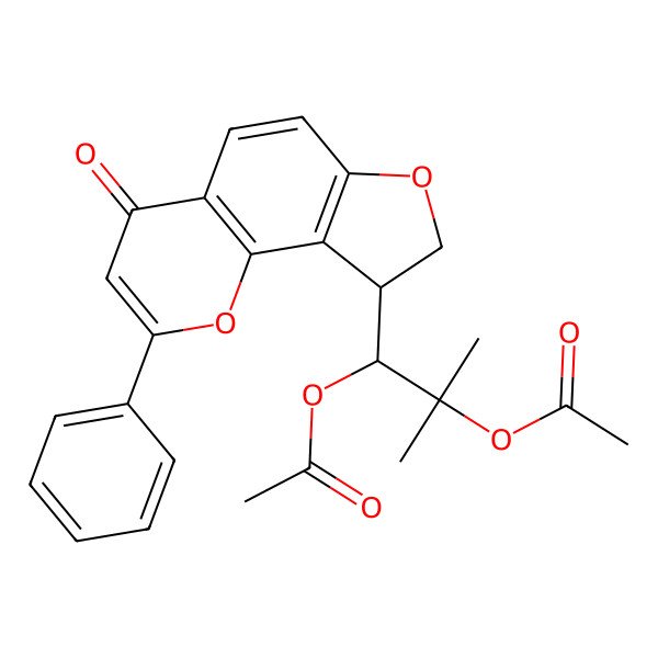 2D Structure of [(1S)-2-acetyloxy-2-methyl-1-[(9R)-4-oxo-2-phenyl-8,9-dihydrofuro[2,3-h]chromen-9-yl]propyl] acetate