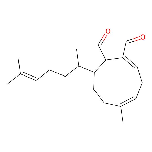 2D Structure of (1S,2E,5E,9S)-6-methyl-9-[(2R)-6-methylhept-5-en-2-yl]cyclonona-2,5-diene-1,2-dicarbaldehyde
