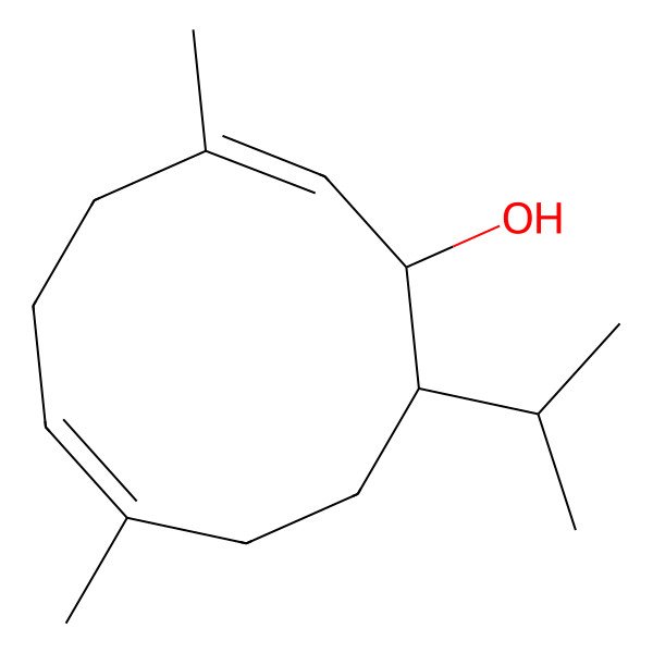 2D Structure of (1S,2E,6E,10S)-3,7-dimethyl-10-propan-2-ylcyclodeca-2,6-dien-1-ol 2D Structure of (1S,2E,6E,10S)-3,7-dimethyl-10-propan-2-ylcyclodeca-2,6-dien-1-ol