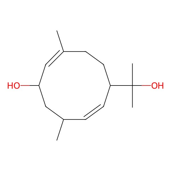 2D Structure of (1S,2E,6R,7E,9S)-6-(2-hydroxypropan-2-yl)-3,9-dimethylcyclodeca-2,7-dien-1-ol