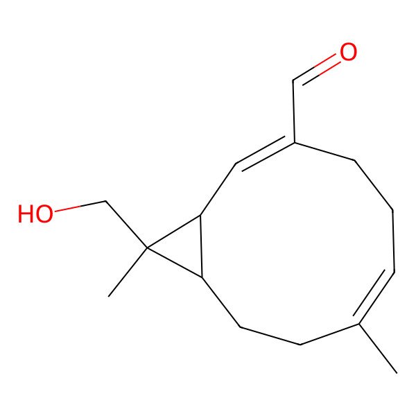 2D Structure of (1S,2E,6Z,10R,11S)-11-(hydroxymethyl)-7,11-dimethylbicyclo[8.1.0]undeca-2,6-diene-3-carbaldehyde