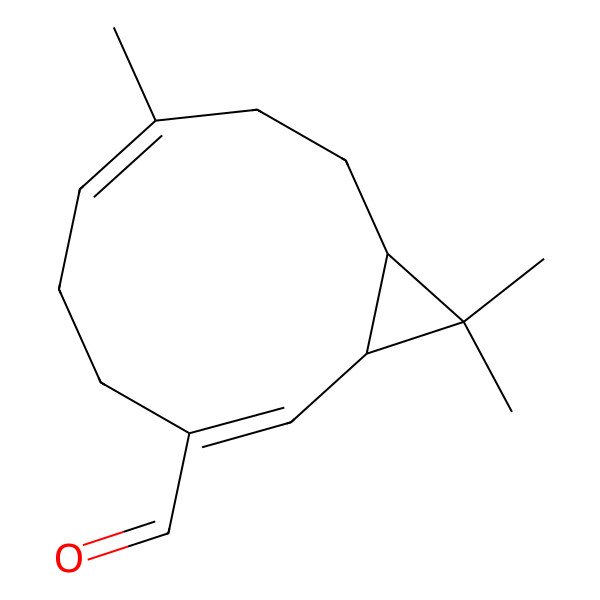 2D Structure of (1S,2E,6Z,10S)-7,11,11-trimethylbicyclo[8.1.0]undeca-2,6-diene-3-carbaldehyde