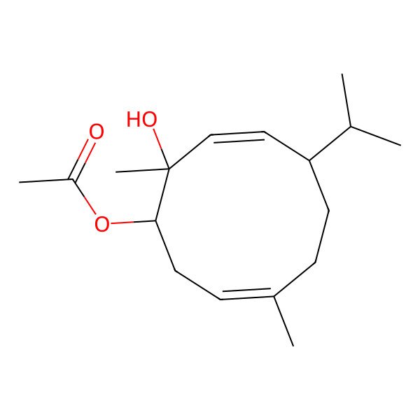 2D Structure of [(1S,2R,3E,5S,8E)-2-hydroxy-2,8-dimethyl-5-propan-2-ylcyclodeca-3,8-dien-1-yl] acetate