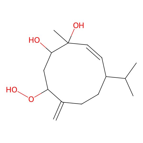 2D Structure of (1S,2R,3E,5S,9S)-9-hydroperoxy-2-methyl-8-methylidene-5-propan-2-ylcyclodec-3-ene-1,2-diol 2D Structure of (1S,2R,3E,5S,9S)-9-hydroperoxy-2-methyl-8-methylidene-5-propan-2-ylcyclodec-3-ene-1,2-diol