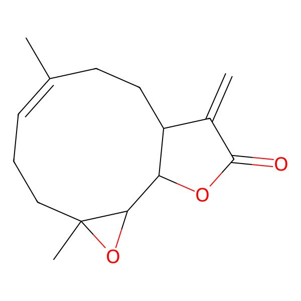 2D Structure of (1S,2R,4R,7E,11R)-4,8-dimethyl-12-methylidene-3,14-dioxatricyclo[9.3.0.02,4]tetradec-7-en-13-one