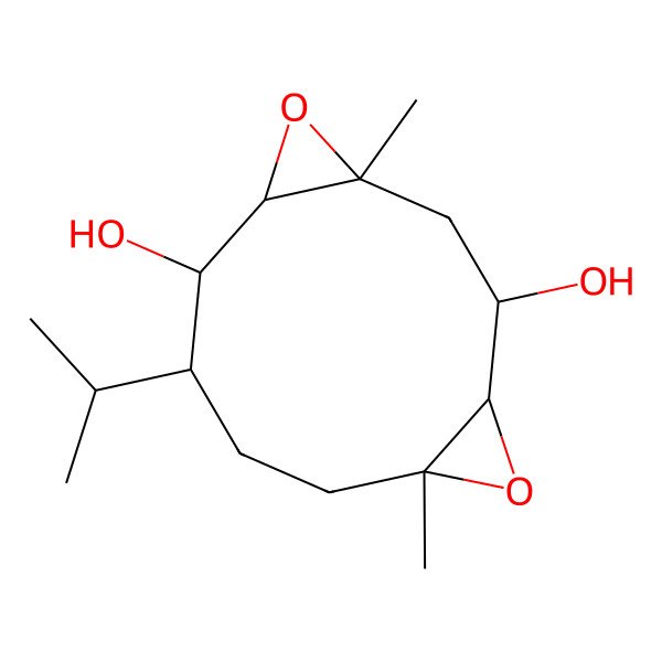 2D Structure of (1S,2R,4S,6R,7R,8S,11R)-4,11-dimethyl-8-propan-2-yl-5,12-dioxatricyclo[9.1.0.04,6]dodecane-2,7-diol