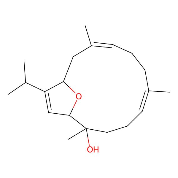 2D Structure of (1S,2R,5E,9E,12S)-2,6,10-trimethyl-13-propan-2-yl-15-oxabicyclo[10.2.1]pentadeca-5,9,13-trien-2-ol