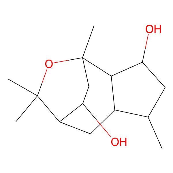 2D Structure of (1S,2S,3R,5R,6R,8S,12S)-1,5,9,9-Tetramethyl-10-oxatricyclo[6.2.2.02,6]dodecane-3,12-diol