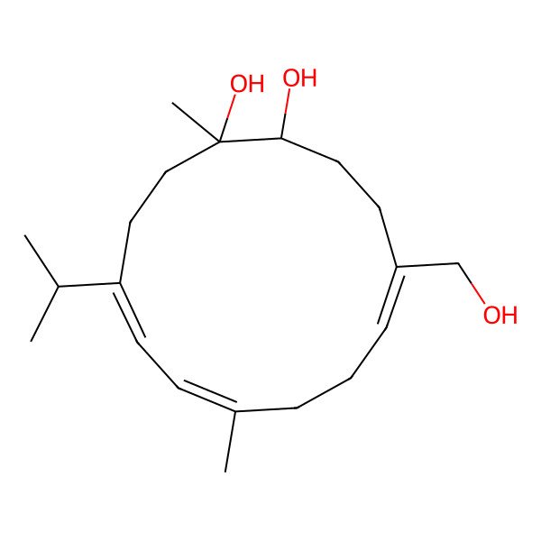 2D Structure of (1S,2S,5E,7E,11Z)-12-(hydroxymethyl)-2,8-dimethyl-5-propan-2-ylcyclotetradeca-5,7,11-triene-1,2-diol