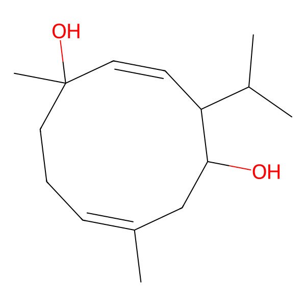 2D Structure of (1S,2Z,4S,5R,7Z)-1,7-dimethyl-4-propan-2-ylcyclodeca-2,7-diene-1,5-diol 2D Structure of (1S,2Z,4S,5R,7Z)-1,7-dimethyl-4-propan-2-ylcyclodeca-2,7-diene-1,5-diol
