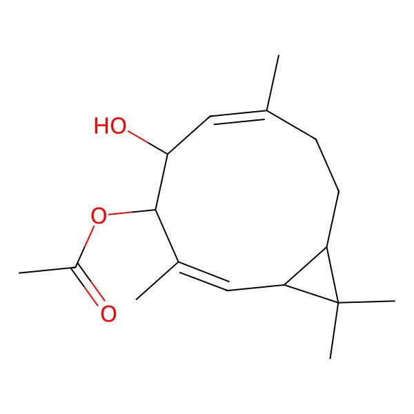 2D Structure of [(1S,2Z,4S,5S,6Z,10S)-5-hydroxy-3,7,11,11-tetramethyl-4-bicyclo[8.1.0]undeca-2,6-dienyl] acetate