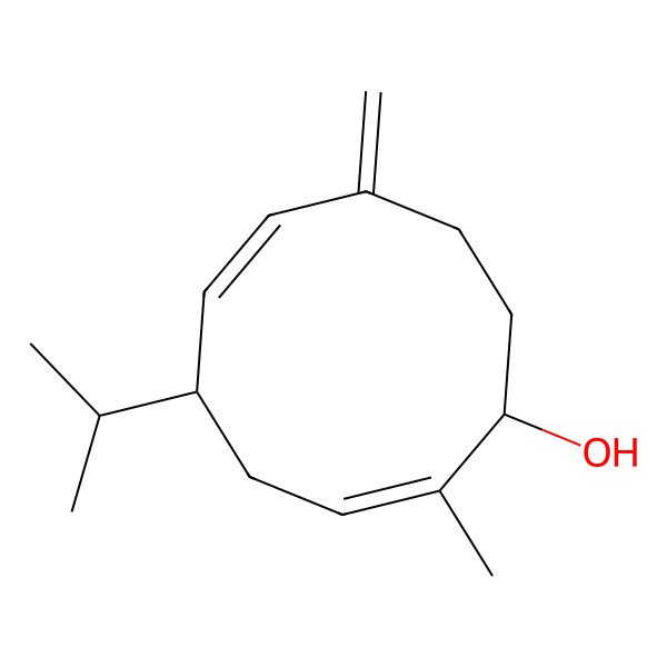 2D Structure of (1S,2Z,5S,6E)-2-methyl-8-methylidene-5-propan-2-ylcyclodeca-2,6-dien-1-ol 2D Structure of (1S,2Z,5S,6E)-2-methyl-8-methylidene-5-propan-2-ylcyclodeca-2,6-dien-1-ol