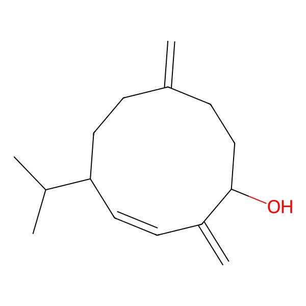 2D Structure of (1S,3E,5S)-2,8-dimethylidene-5-propan-2-ylcyclodec-3-en-1-ol