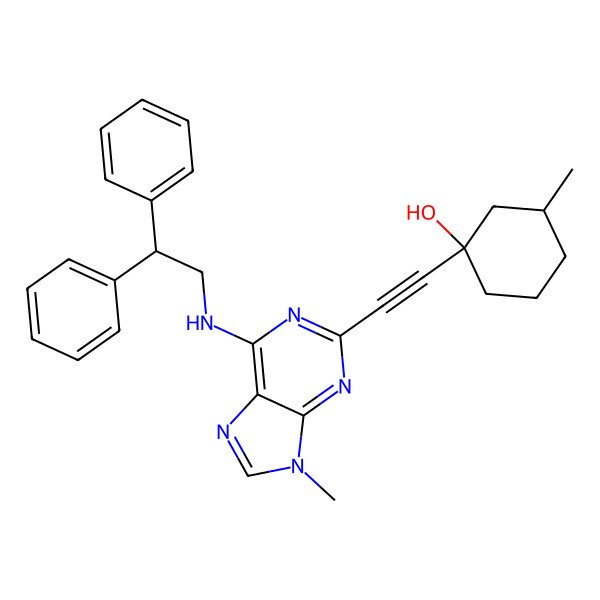 2D Structure of trans-(1S,3R)-1-[2-[6-(2,2-diphenylethylamino)-9-methylpurin-2-yl]ethynyl]-3-methylcyclohexan-1-ol
