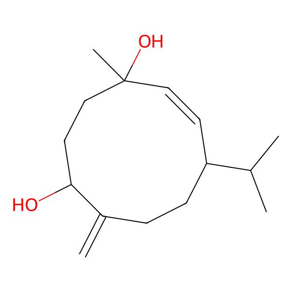 2D Structure of (1S,4R,5E,7S)-4-methyl-10-methylidene-7-propan-2-ylcyclodec-5-ene-1,4-diol