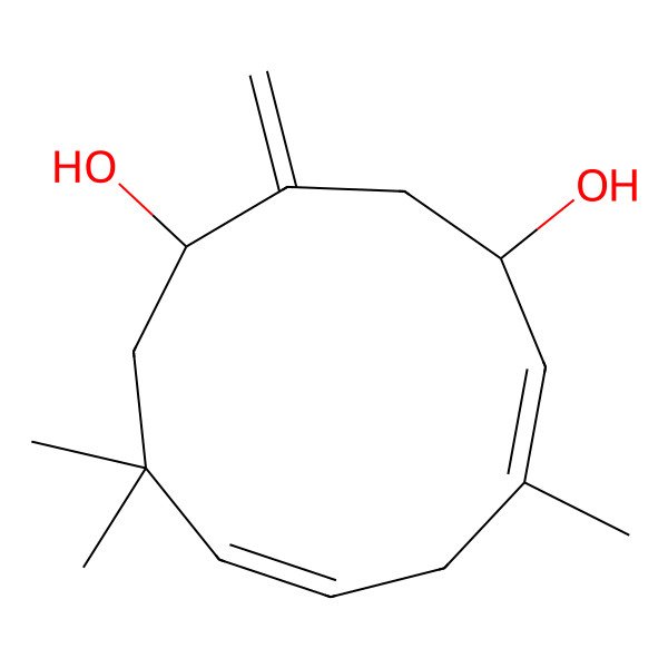 2D Structure of (1S,4R,5E,8E)-6,10,10-trimethyl-2-methylidenecycloundeca-5,8-diene-1,4-diol 2D Structure of (1S,4R,5E,8E)-6,10,10-trimethyl-2-methylidenecycloundeca-5,8-diene-1,4-diol