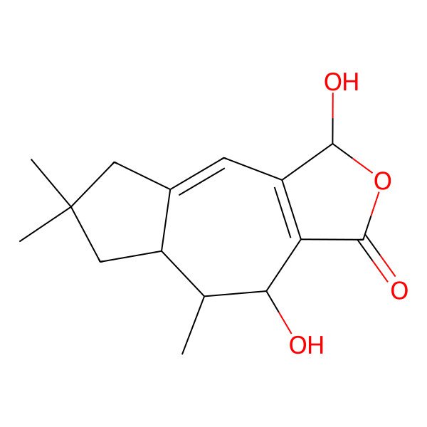 2D Structure of (1S,4S,5R,5aR)-1,4-dihydroxy-5,7,7-trimethyl-1,4,5,5a,6,8-hexahydroazuleno[5,6-c]furan-3-one