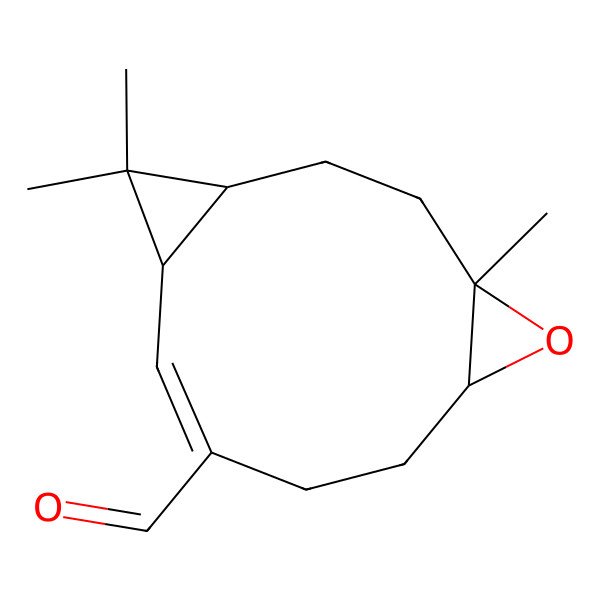 2D Structure of (1S,4S,6S,9E,11R)-4,12,12-trimethyl-5-oxatricyclo[9.1.0.04,6]dodec-9-ene-9-carbaldehyde
