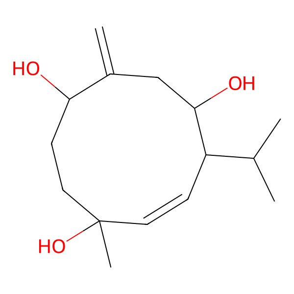 2D Structure of (1S,4S,7S,8E,10S)-7-methyl-3-methylidene-10-propan-2-ylcyclodec-8-ene-1,4,7-triol
